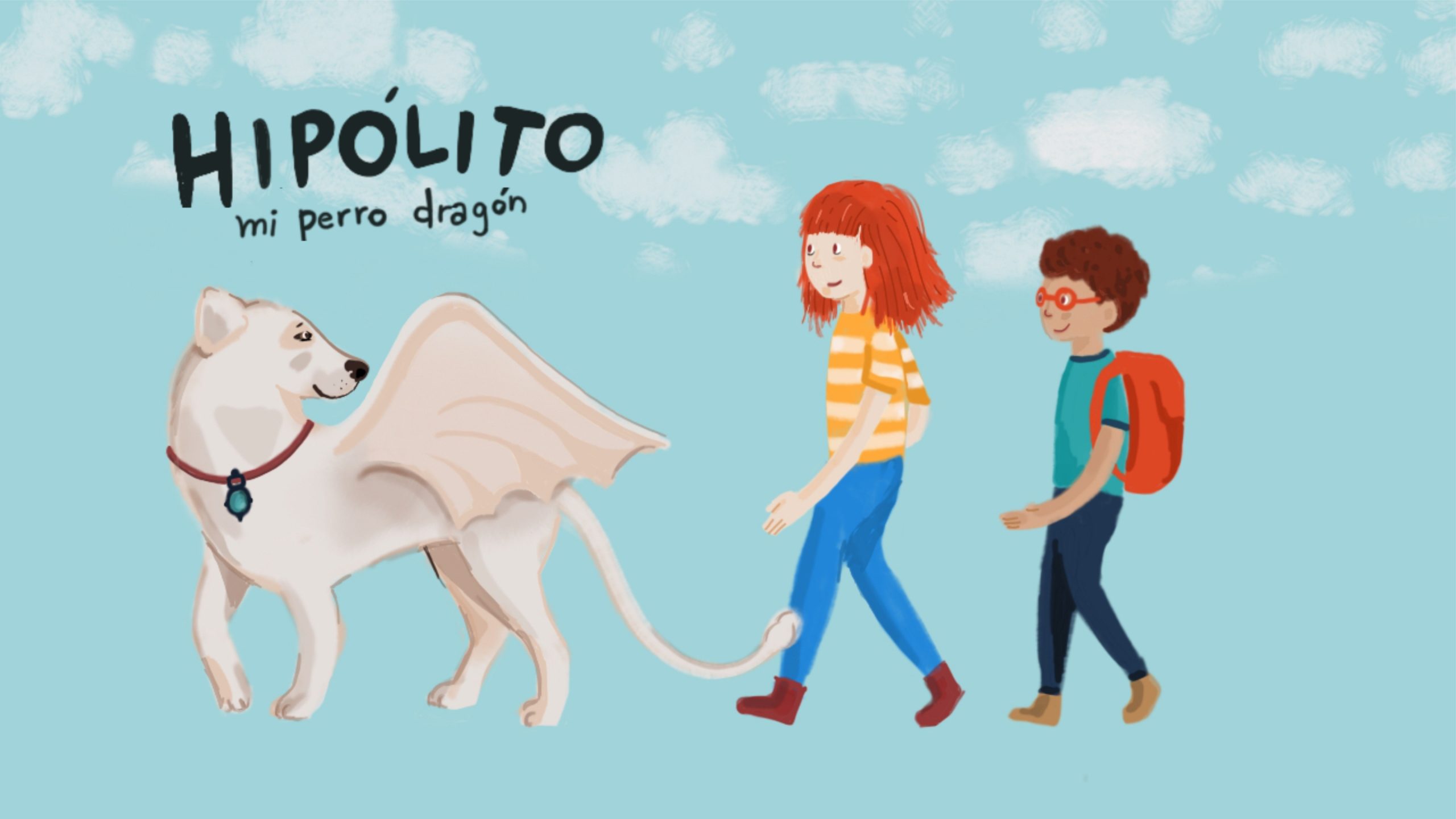 Portada libro Hipolito mi perro dragon, se ve a un perro con alas de dragon una niña y un niño